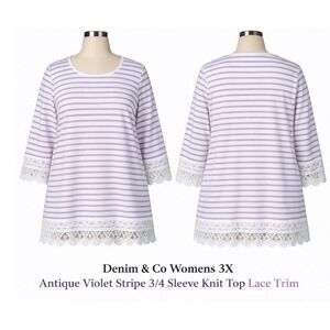 Denim & Co Womens 3X Lilac Purple Stripe 3/4 Sleeve Knit Top Lace Trim A288716